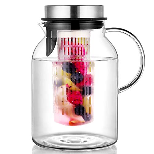 Glass Fruit Infuser Water Pitcher with Removable Lid, High Heat Resistance Infusion Pitcher for Hot/Cold Water, Flavor-Infused Beverage & Iced Tea - 2 Qt