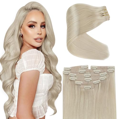 Sunny Clip in Hair Extensions Real Human Hair Blonde Clip on Hair Extensions Platinum Blonde Hair Extensions Clip in Human Hair Double Weft 7pcs 120g 20inch