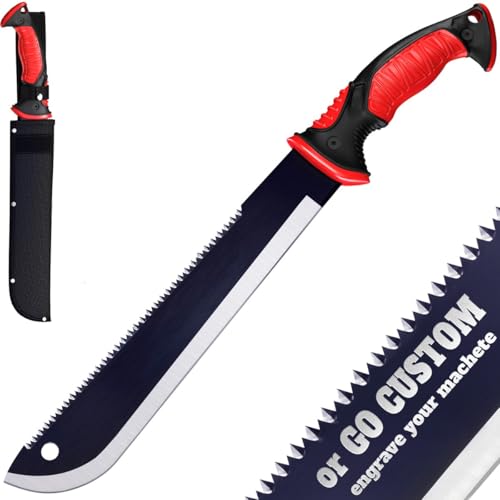 11-Inch Serrated Blade Machete with Nylon Sheath - Saw Blade Machetes with Non-Slip Rubber Handle - Best Brush Clearing Tool Machete for Cutting Trees and Yard Work - Survival E-Book Included 111084