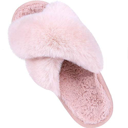 Comwarm Women's Cross Band Fuzzy Slippers Fluffy Open Toe House Slippers Cozy Plush Bedroom Shoes Indoor Outdoor, Pink Size 8.5-9.5