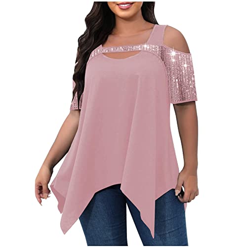 Cold Shoulder Short Sleeve Plus Size Tops,Womens Sparkly Sequin Splicing Trendy Tshirt Flowy Handkerchief Hem Swing Blouse Pink