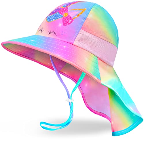 Sun Hat for Kids UV Protection Unicorn Summer, Beach Play Ponytail Hat Wide Brim Neck Flap for Girls 2-9 Years