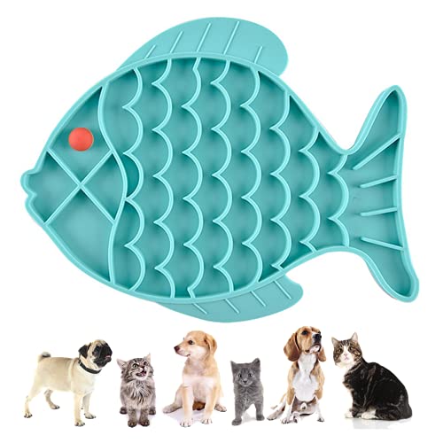 Cat Feeders Slow Feeder Cat Bowl Fish Shape Silicone Puzzle Feeder Kitten Bowl Fun Interactive Feeder Bowl Preventing Pet Feeder Anti-gulping Healthy Eating Diet Cat Bowls (Blue, Fish)