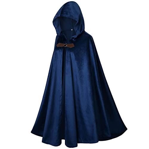LMYOVE Men Hooded Cloak, Adult Medieval Renaissance Costume with Hood, Velvet Cape Halloween Dress Up, Blue