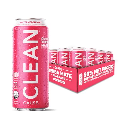 CLEAN Cause Low Calorie Watermelon Mint Sparkling Yerba Mate Tea, 160mg Caffeine, Organic, Low Sugar, Healthy Alternative to Energy Drinks (16oz cans, 12-Pack Case)