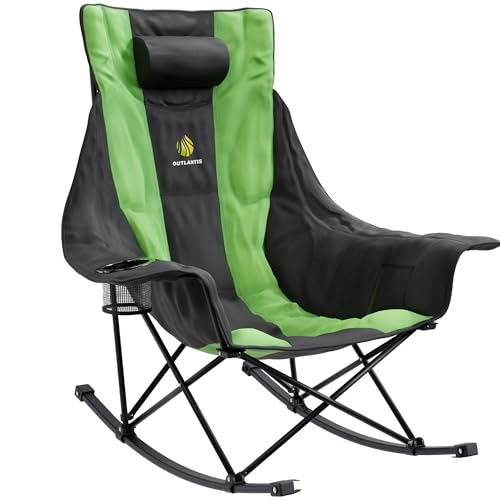 OUTLANTIS Foldable Rocking Camping Chair,Extra Large Outdoor Rocking Chair w/Cup Holder,Carrying Bag&More-Camping Chair Rocker Supports 300lbs&Versatile Lawn Chairs for Beach Festivals Games