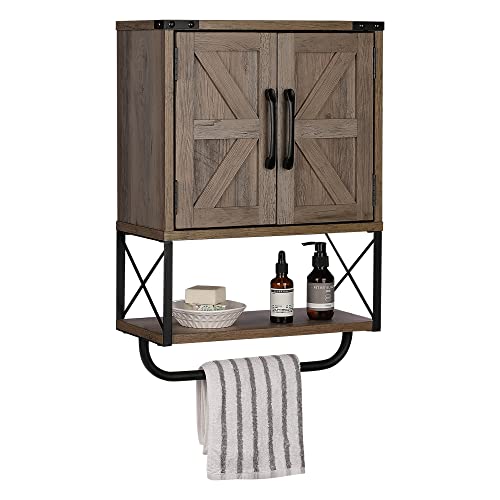 RUSTOWN Farmhouse Rustic Medicine Cabinet with Two Barn Door,Wood Wall Mounted Storage Cabinet with Adjustable Shelf and Towel Bar, 3-Tier Cabinet for Bathroom, Living Room(Washed Oak)