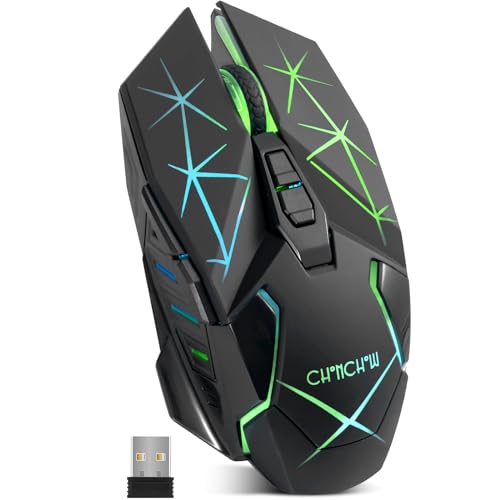 CHONCHOW Wireless Gaming Mouse with Side Buttons and LED Light for PC Laptop Computer, Rechargeable, 2.4G USB, Cordless, 3,200 DPI, 7 Buttons, RGB Backlit for PS4 Xbox Chromebook, Windows Mac