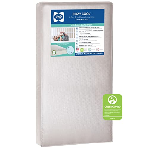 Sealy Cozy Cool 2-Stage Dual Firmness Waterproof Baby Crib Mattress & Toddler Bed Mattress, Hypoallergenic Cool Gel, 204 Premium Coils, Cool Cotton Cover, Air Quality Certified - Made in USA, 52'x28'