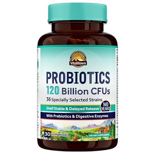 VITALITOWN Probiotics 120 Billion CFUs | 36 Strains, with Prebiotics & Digestive Enzymes for Men Women | Shelf Stable | Digestive & Immune Support | Vegan, Non-GMO | 30 Delayed Release Veg Caps