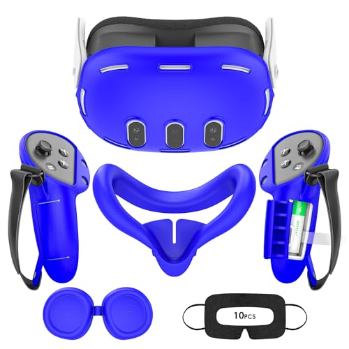 AIXOTO VR Silicone ECO Accessories for Meta Quest 3, Protective Case Set for Oculus Quest 3, Face Cover, Controller Grip, Shell Cover, Lens Cover, Disposable Eye Cover(Accessories for Quest 3, Blue)