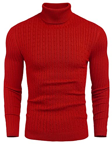 nine bull Knit Pullover Sweater for Men,Slim Fit Turtleneck Sweater for New Year (Red,2XL)