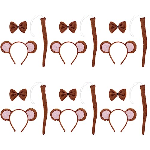 LUOZZY 6 Sets Halloween Monkey Ear Headband Bowtie and Tail for Cosplay Role-playing Halloween Costume Party Supplies (Brown)