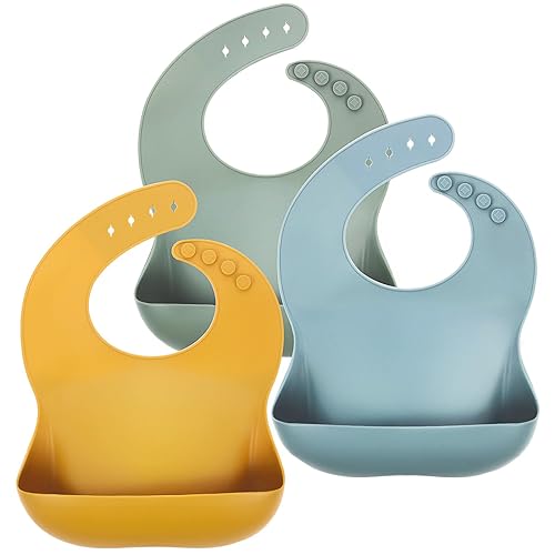 Eascrozn 3 Pack Silicone Bibs for Babies & Toddlers (6-72 months) BPA Free Unisex Soft Adjustable Fit Waterproof Feeding Baby Bibs