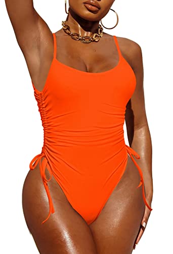 Pink Queen Womens Scoop Neck One Piece Swimsuit Ruched High Leg Tummy Control Bikini Bathing Suit Orange XL