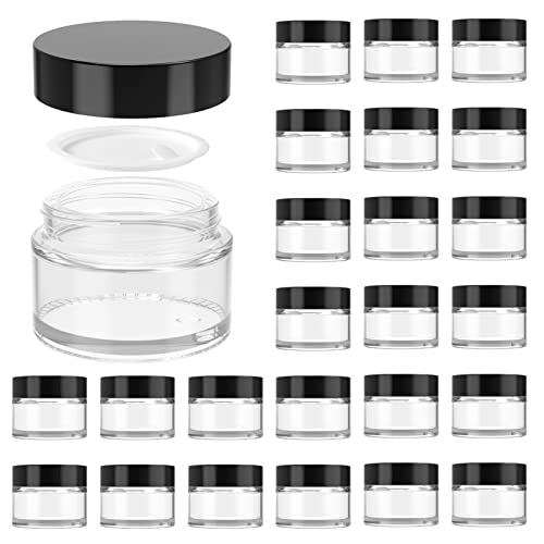 1oz Glass Jar with Lid, Hoa Kinh 40 Pack Clear Round Containers Cosmetic Glass Jars with Inner Liners and Black Lids Travel Jars for Storing Lip and Body Scrub, Lotion, Body Butter, Bath Salts, Liquid