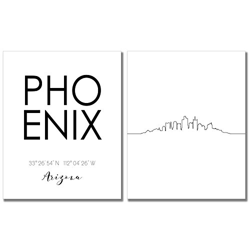 TnT Prints - Phoenix Wall Art City Skyline - Set of 2 (8x10) Glossy Black and White - Arizona Art Prints