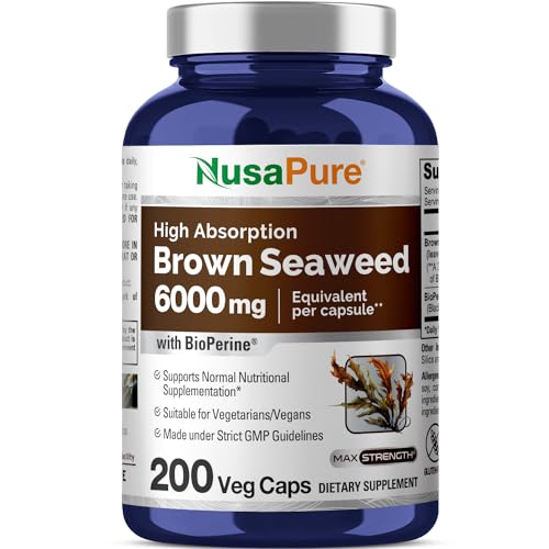 NusaPure Brown Seaweed Extract 6,000 mg - 200 Veggie Capsules - Fucoxanthin (Vegan, Bioperine, Non-GMO, Gluten Free)