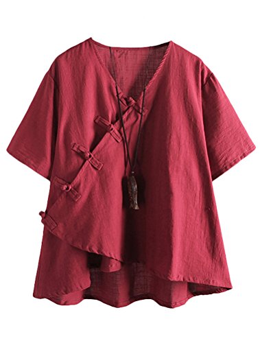 Minibee Women's Linen Retro Chinese Frog Button Tops Blouse Wine Red XL
