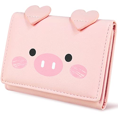 CONISY Cute Wallets for Women, Leather RFID Blocking Small Trifold Wallet with ID Window for Girls and Ladies Womens Wallet -Pig (Pink)