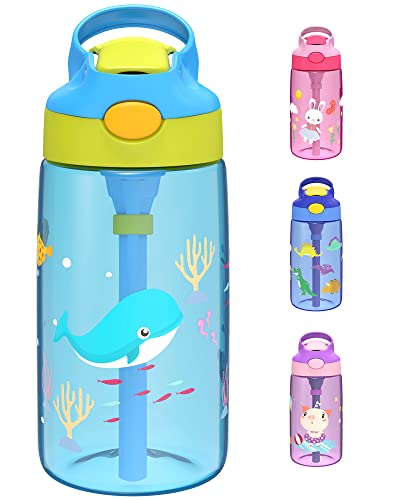 A+ Choice Kids Water Bottle with Straw & Handle - 16 oz BPA Free Kids Water Bottles, Spill Proof, Easy-Clean, Dishwasher Safe - Cute Whale Sky Blue