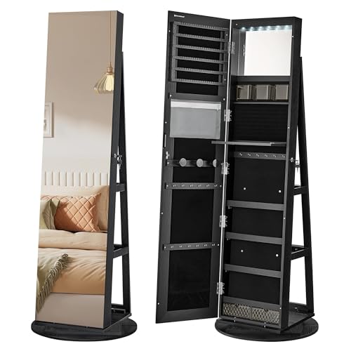 SONGMICS 6 LEDs Lockable Mirror Jewelry Cabinet, 360° Swivel Jewelry Organizer, Standing Jewelry Armoire, Frameless Full-Length Mirror, 3 Storage Shelves, Black Surface, Black Lining UJJC007B01