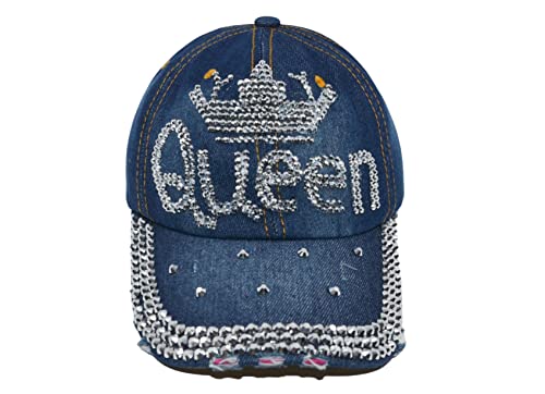 Popfizzy Bling Queen Hat for Women Rhinestone Hat, Bedazzled Baseball Caps, Distressed Hat, Fancy Bejeweled Hats, Sparkle Studded Denim Ball Caps (Queen with Crown)