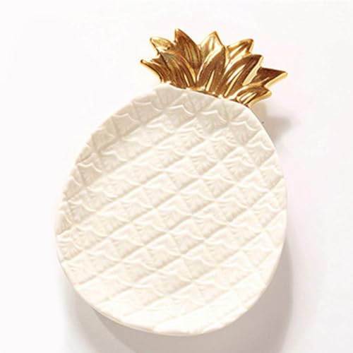 Ceramic Jewelry Pineapple Trays,Electroplated Golden Pineapple Plate,Home Decor Dish Wedding Birthday Xmas Gift (White)
