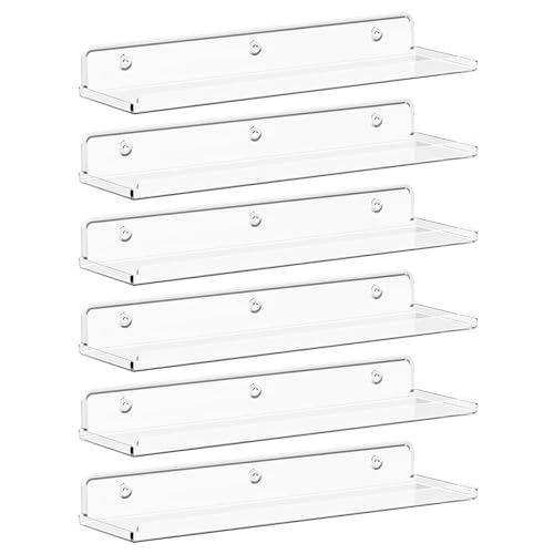 Lifewit Floating Shelves for Wall, 6 Pack 15' Clear Acrylic Shelf Room Decor for Book/Figures/Photo/Makeup in Bathroom, Book Shelf, Living Room, Bedroom, Kitchen Storage and Organization