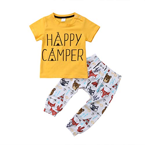 Rainnbowing Toddler Newborn Baby Boy Girl Happy Camper Short Sleeve T-Shirt Top+Animal printed Pant 2Pcs Outfit Set (Yellow, 18-24m)