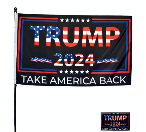 Double-Sided Trump 2024 Flag - Take America Back - 3x5 Foot Indoor Outdoor Decoration Banner with a FREE Sticker - 1 Ply With Vivid Patriotic Colors and 2 Brass Grommets (1 ply/mirror sided)