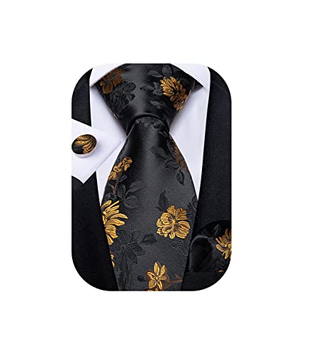 DiBanGu Men Golden Black Floral Neckties Silk Black Floral Tie and Pocket Square Cufflinks Party Wedding