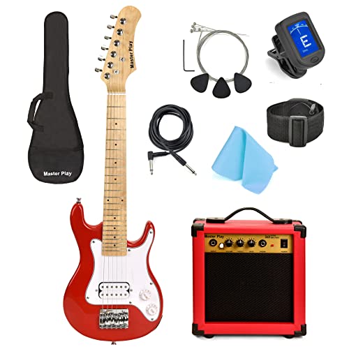 Master Play 30 Inch Electric Guitar,For Kids/beginner With Complete Starter Kit, 20 Watt Amp, 6 Extra String, Picks, Gig Bag, Shoulder Strap, Digital tuner, Cable, Wash Cloth Red