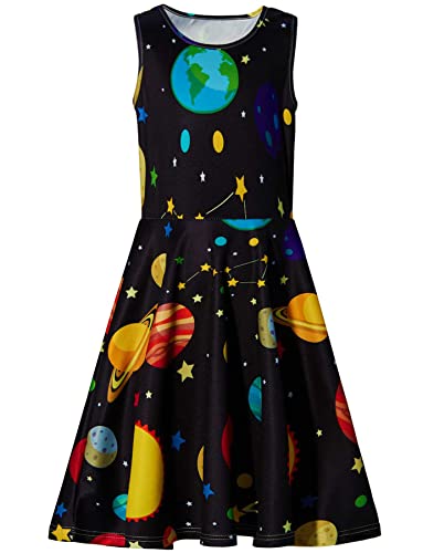 8T Girls' Science Black Dress Yellow Green Planets Big Dots Sleevelss Black Summer Maxi Outfits Soft Comfy Stretch Knee Length Space Swing Skirts for Wedding Birthday Beach Party 9Y Teenager Big Girl