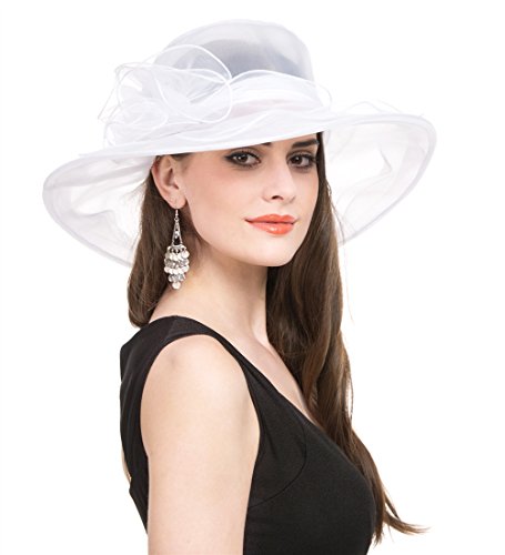 Lucky Leaf Women Kentucky Derby Church Cap Wide Brim Summer Sun Hat for Party Wedding (White)