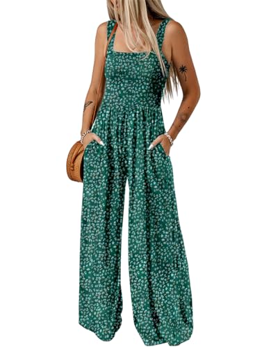Dokotoo Loose Jumpsuits for Women Overalls Oversized Solid Color Wide Leg One Piece Sleeveless jumpsuit Long Pant Romper with Pockets 2024 Fashion Printed Green Large