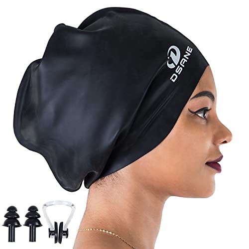 Dsane Extra Large Swimming Cap for Women and Men,Special Design Swim Cap for Very Long Thick Curly Hair&Dreadlocks Weaves Braids Afros Silicone Keep Your Hair Dry(Black/XL)