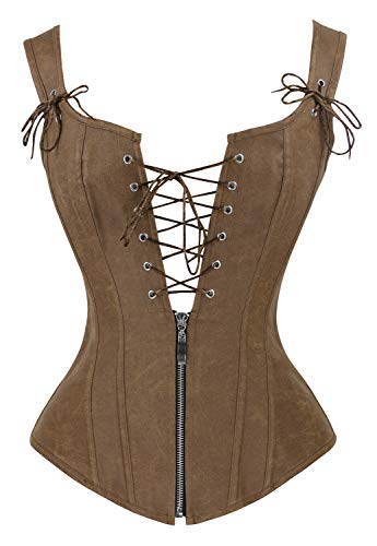 Charmian Women's Renaissance Lace Up Vintage Boned Bustier Corset with Garters Brown Small