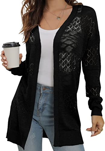 GRECERELLE Casual Lightweight Black Long Sleeve Cardigan Loose Soft Drape Open Front Fall Sweater Sun Protection Cover Up