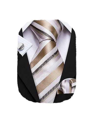 Barry.Wang Formal khaki Stripe Classic Man Tie Set Handkerchief Cufflinks Necktie Silk
