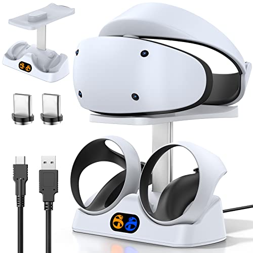 Controller Charging Dock for PS5 VR2, PSVR 2 Charging Station with VR Headset Holder Display Stand, PS VR2 Controller Charger for PSVR2 Accessories with Led Indicator, 2 Magnetic Clasp & Type-C Cable