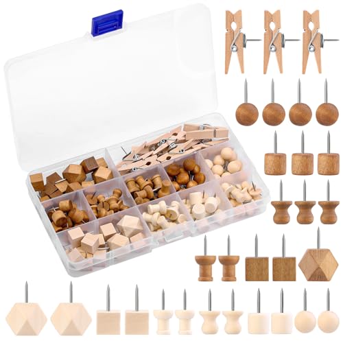 114 Pcs Decorative Wooden Head Pins in 2 Colors and 7 Types - Thumb Tacks for Bulletin Boards and Crafts, With Storage Box