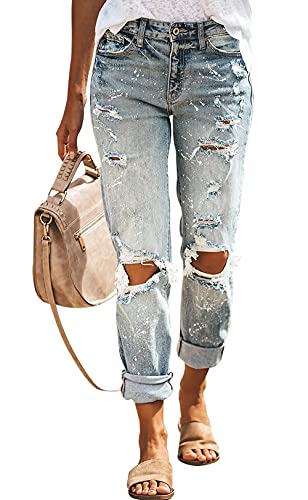 KUNMI Women's Ripped Mid Waisted Boyfriend Jeans Loose Fit Distressed Stretchy Denim Pants