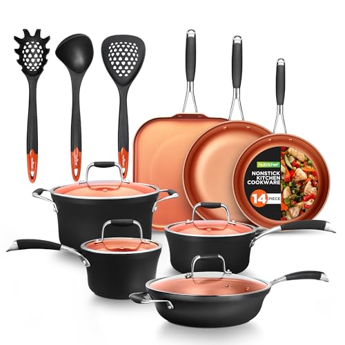 NutriChef 14-Piece Copper Non-Stick Cookware Set - Stackable Pots and Pans with Lids, 3-Layer Coating, All Cooktop Compatible, Healthy Food-Grade Copper