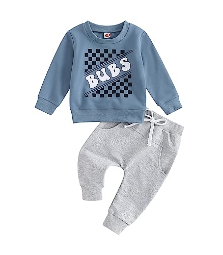 Baby Toddler Boys Fall Winter Outfits Little Dude Letter Printed Long Sleeve Sweatshirts Pants 2Pcs Clothes Set (T Blue-Bubs, 6-12 Months)