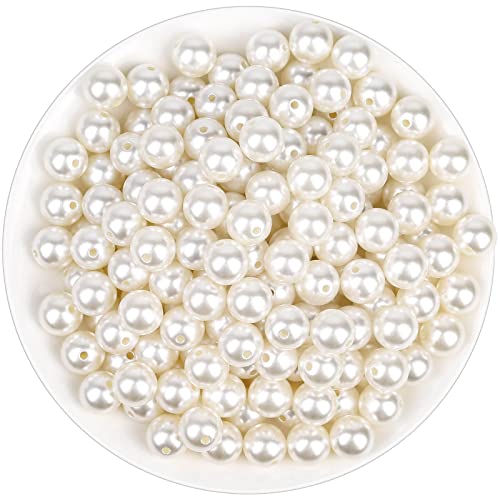 Pearl Beads for Craft, Anezus 200pcs Ivory Faux Fake Pearls, 12 MM Sew on Pearl Beads with holes for Jewelry Making, Bracelets, Necklaces, Hairs, Crafts, Decoration and Vase Filler