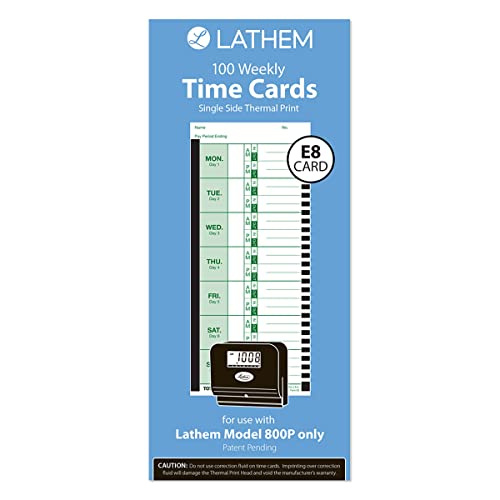 Lathem Weekly Thermal Print Time Cards, Single Sided 2100HD and 800P Time Clocks, 9', 100 Pack (E8-100)