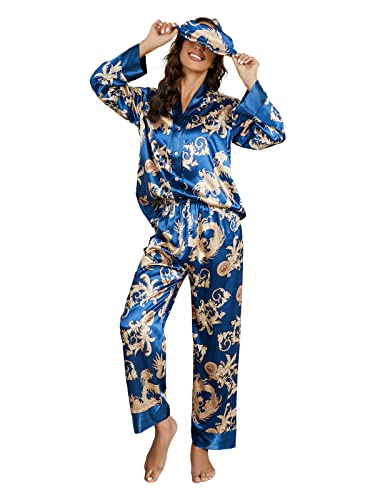 Arwser Women's Silk Satin Pajamas Set 4pcs Long Sleeve Button Down Sleepwear V-Neck Printed Dragon Pjs Blue