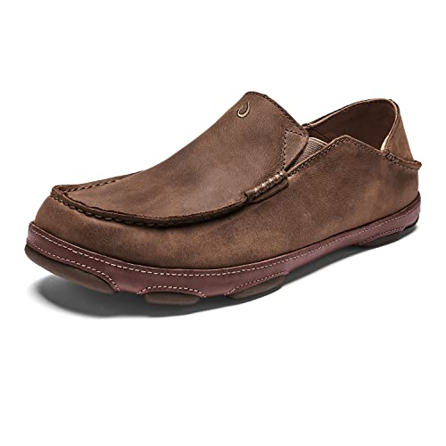 OLUKAI Moloa Men's Leather Slip On Shoes, Waxed Nubuck Leather & Soft Moisture-Wicking Lining, Drop-in Heel & All Weather Rubber Soles, Ray/Toffee, 10