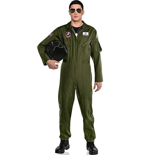 Party City Top Gun: Maverick Flight Costume for Men, Halloween, Olive Green, Standard Size, Jumpsuit with Zipper